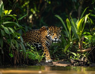 A powerful jaguar hiding near a riverbank, ready to pounce on its prey, dense tropical vegetation surrounding the scene
