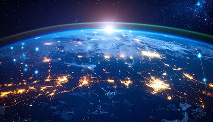 Blue sphere of Earth planet in the universe with stars galaxy and sun light on the night side, a global view of the cosmos and atmosphere