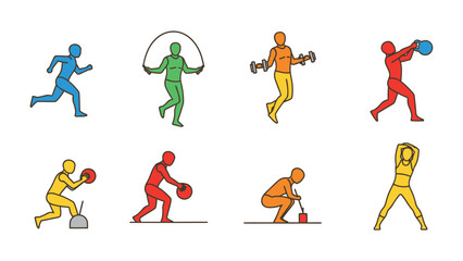 Dynamic Fitness: Vibrant, minimalist illustrations capture the essence of various exercises, promoting health and wellness. Highlighting a dynamic approach to fitness.