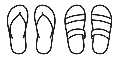 Flip-Flops vs Slide Sandals. Minimalist Line Art of Casual Footwear Styles.
