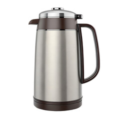Obraz premium Stainless steel thermal carafe with handle and spout, insulated vacuum flask for hot drinks.