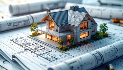 Architecture and construction design with a blueprint plan for a residential house project