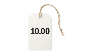 Price tag showing 10.00 number with string, retail commerce concept, cost reduction promotion