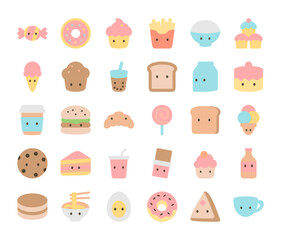 Cute kawaii food and drink icons in pastel colors, including donut, cupcake, coffee, burger, ice cream, pizza, milk, and noodle bowl, perfect for kids menu design and sweet cartoon illustration.
