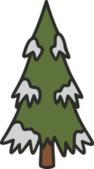 A simple cartoon illustration of a green pine tree covered in white snow, standing upright with a brown trunk, depicting a winter scene.