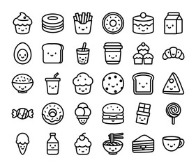 Cute kawaii food and drink icons in pastel colors, including donut, cupcake, coffee, burger, ice cream, pizza, milk, and noodle bowl, perfect for kids menu design and sweet cartoon illustration.