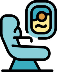 Empty airplane passenger seat with window view of tropical beach sunset during comfortable flight