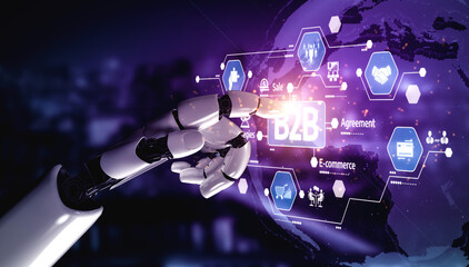 A robotic hand reaches towards a glowing B2B interface, symbolizing the integration of technology in modern commerce and the evolution of digital business strategies. Tessel