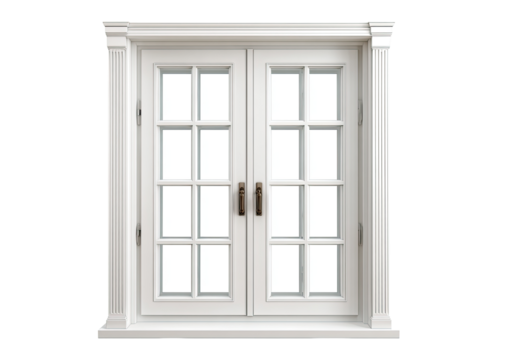 White double-hung window with ornate frame