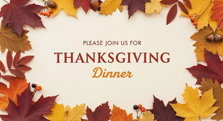 Thanksgiving dinner invitation with autumn leaves and acorns frame on beige background