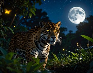 A jaguar prowling silently under a starry night sky in the jungle, glowing eyes reflecting the moonlight