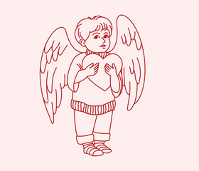 A cute boy with angel wings holding a heart. Line art illustration for Valentine's Day. Hand-drawn vector illustration.