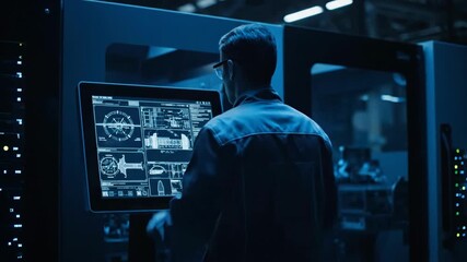 Man engineer using touch screen interface for industrial machine control. Manufacturing automation, data analysis, and production technology footage. - Powered by Adobe