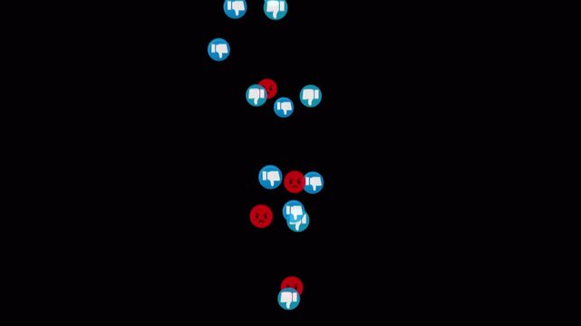 Angry face and dislike emojis floating upward on black background. Red and blue reaction icons moving from bottom to top with transparent alpha channel, seamless 4K animation.