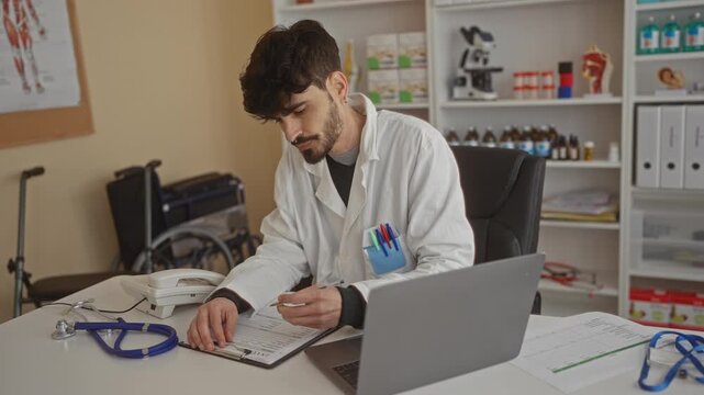 Doctor writing notes in clinic office with stethoscope and laptop on desk, surrounded by medical equipment and paperwork, illustrating a professional healthcare environment.