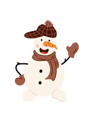 Cute cheerful snowman in a warm brown scarf and a checkered hat with a pompom. Illustration of happy winter character isolated on white background