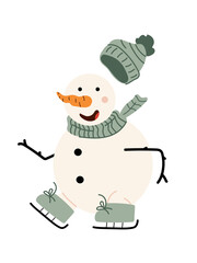 A cheerful snowman with a carrot nose, smiling face, wearing a green striped scarf and skates. Flat  illustration of Winter character