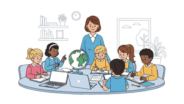 Teacher with diverse children learning about geography using laptops in class