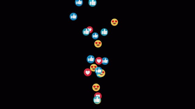 Social media like, love, and heart-eye emojis floating upward on black background. Colorful icons moving from bottom to top with transparent alpha channel, 4K animation.