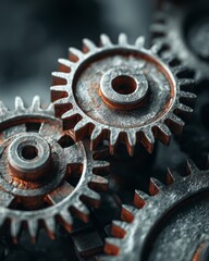 Mechanical gears and cogs interlocked together symbolizing teamwork, precision, and engineering.