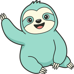 A cute and friendly cartoon sloth, colored in a soft teal, sitting down and waving its hand with a happy expression.