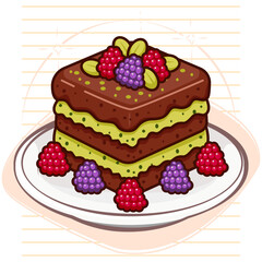 cake with green bean cream and berry topping sprinkled with nuts