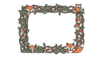 Whimsical Woodland Frame with Cartoon Foxes, Owls, and Mushrooms - Nature's Decorative Border © Stock Image Zone