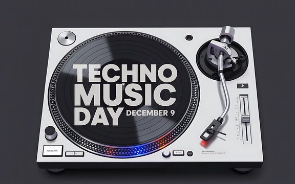 Turntable with techno music day graphic and blue light