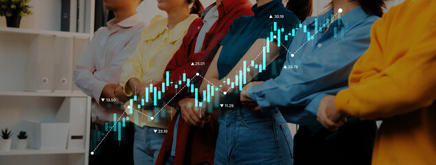 A diverse group of professionals stands together in an office, showcasing teamwork and confidence...