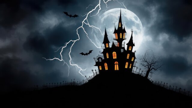 Dark silhouette of a haunted castle on a hill under a stormy night sky with a full moon and lightning