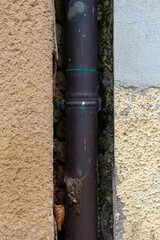 Rusty pipe nestled between textured walls showcasing urban decay and natural growth in a quiet alleyway