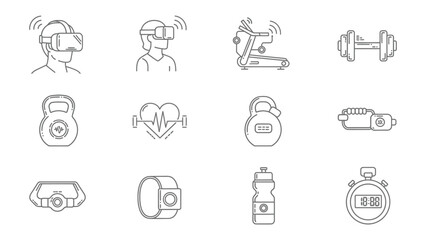 Fitness Icon Set: A collection of meticulously crafted, minimalist icons capturing the essence of modern fitness and well-being. This set showcases various elements crucial for a balanced.