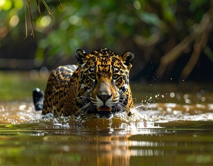 A jaguar swimming gracefully across a jungle river, water splashing around