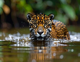 A jaguar swimming gracefully across a jungle river, water splashing around, reflection visible on the surface