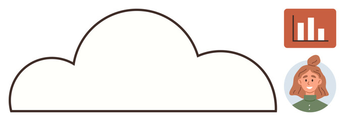 Blank cloud outline centered with a bar chart and user profile icon. Ideal for cloud data, analytics, storage, teamwork, collaboration, networking, innovation. Simple flat metaphor