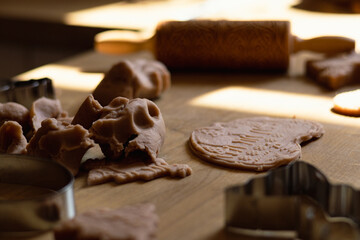 Embossed Rolling Pin and Homemade Cookie Dough in Rustic Kitchen with Sunlight