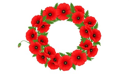 A vibrant wreath of red poppy flowers, punctuated with delicate green leaves, isolated on a stark white background
