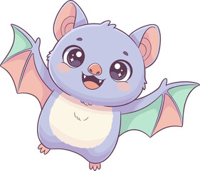 A cute and happy baby bat cartoon character flying with open wings and a cheerful smile.