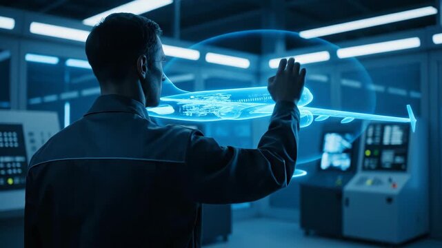 Engineer man interacting with a holographic projection of an airplane, rotating it for design and inspection in an advanced industrial setting footage