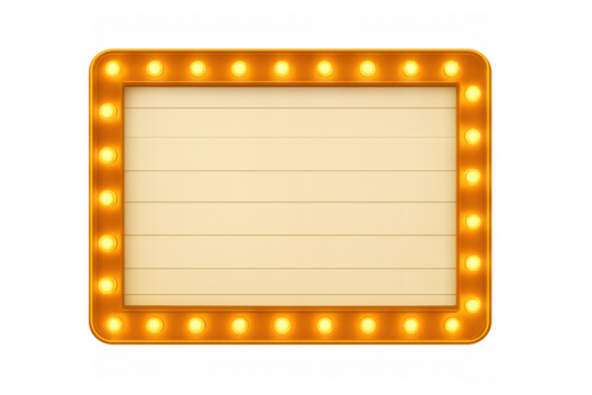 Retro marquee sign illumination on empty blank board, glowing light bulbs highlighting vintage style frame