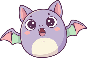 Naklejka premium A cute, round, cartoon bat with large eyes and outstretched wings, rendered in a soft purple and pastel color palette.