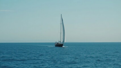 Obraz premium A sailboat sails on the blue sea, contrasting with the clear blue sky, fully showing the freedom of marine sports and the tranquil beauty of natural scenery. 