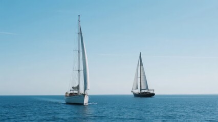 Fototapeta premium A sailboat sails on the blue sea, contrasting with the clear blue sky, fully showing the freedom of marine sports and the tranquil beauty of natural scenery. 