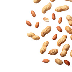 A scattered arrangement of peanuts in shells and shelled peanuts against a black background on the right