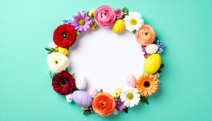Floral Easter Wreath: A vibrant floral wreath featuring colorful blossoms and decorated eggs. It's a cheerful symbol of spring, freshness and the Easter season. 