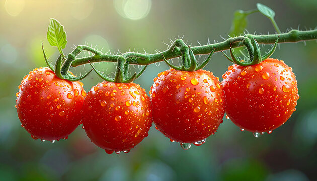 Cherry tomatoes covered with water drops on tomato plant close up. 