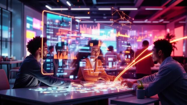 Futuristic business team meeting in neon office using augmented reality technology for collaborative data analysis and innovation