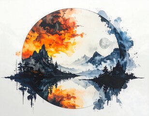 A watercolor landscape, reflecting mountains, trees, sky, and moon within a circular frame, divided by warm and cool tones