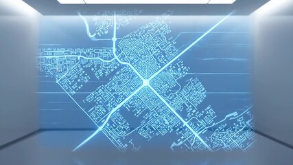 Digital city map projection in conference room. Futuristic smart urban planning visualization. Data display with glowing lines. Technology footage. - Powered by Adobe