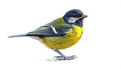 A vivid, small bird with bright yellow, green, blue, and black plumage stands against a plain white backdrop